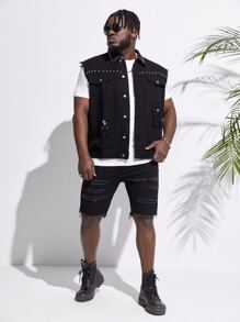 GENTILAND Men Plus Studded Detail Ripped Frayed Flap Pocket Vest Denim Jacket - Black - View 6