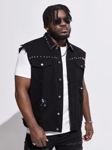 GENTILAND Men Plus Studded Detail Ripped Frayed Flap Pocket Vest Denim Jacket - Black - View 7