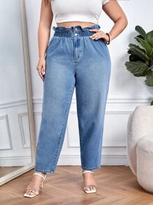 SHEIN Essnce 大碼紙袋腰牛仔褲 - 中等水洗藍 - 查看 1