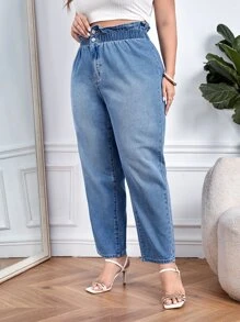 SHEIN Essnce 大碼紙袋腰牛仔褲 - 中等水洗藍 - 查看 3