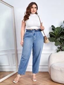 SHEIN Essnce 大碼紙袋腰牛仔褲 - 中等水洗藍 - 查看 4