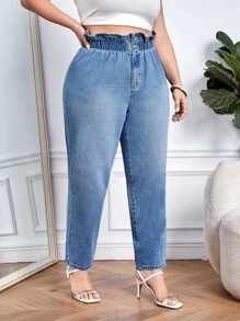 SHEIN Essnce 大碼紙袋腰牛仔褲 - 中等水洗藍 - 查看 5