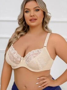 Plus Floral Lace Underwire Bra - Beige - View 5