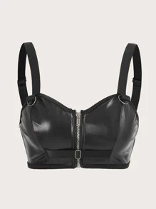 ROMWE Grunge Punk Zip Up PU Leather Bralette - Black - View 5