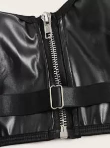 ROMWE Grunge Punk Zip Up PU Leather Bralette - Black - View 4