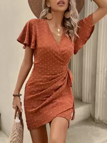 SHEIN VCAY 圓點側打結圍裹連衣裙 - 亮橙色 - 查看 1