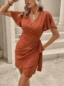 SHEIN VCAY 圓點側打結圍裹連衣裙 - 亮橙色 - 查看 5