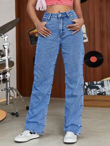 拉鏈門襟直筒牛仔褲 - 中等水洗藍 - 查看 4