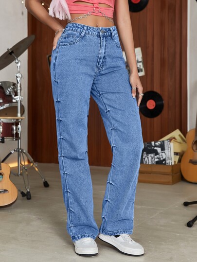 拉鏈門襟直筒牛仔褲