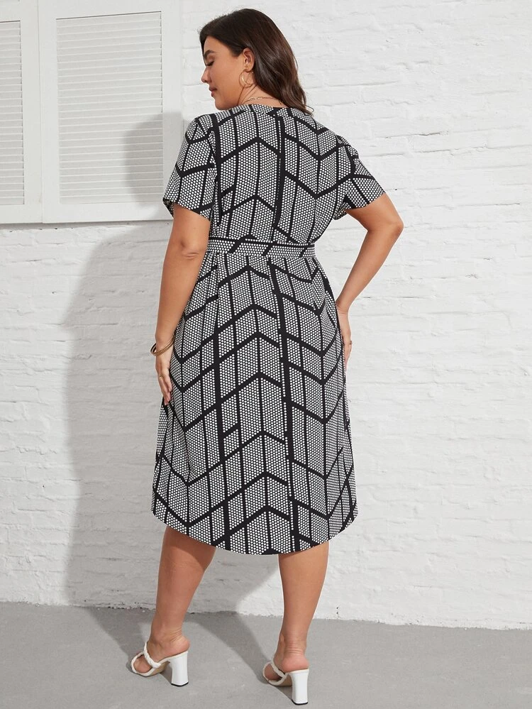 Plus Geo Print Notched Neck Belted Dress, Summer
