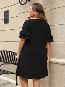 Plus Solid Flounce Sleeve Tee Dress - Black - View 2