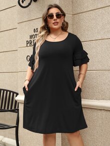 Plus Solid Flounce Sleeve Tee Dress - Black - View 3