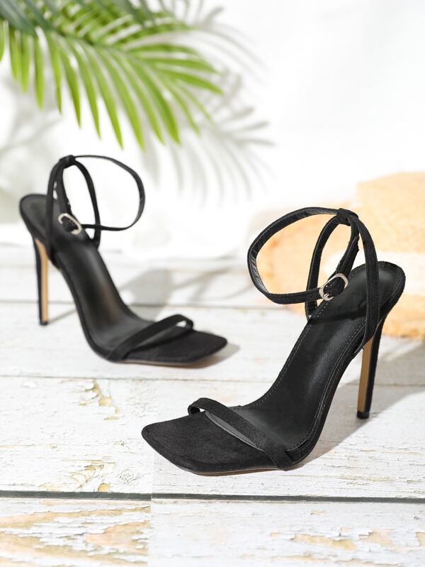 Women Ankle Strap Stiletto Heeled Sandals, Elegant Black Faux Suede