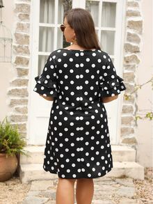 Đầm Plus Size Xù phân lớp Chấm bi Giải trí - Đen và trắng - Xem 2