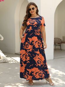 Nemidor 大码波西米亚风花卉印花隐形口袋连衣裙，适合夏季 - 橘色 - 查看 1