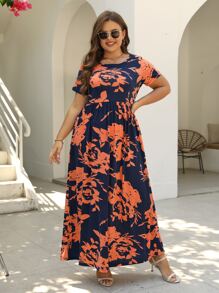 Nemidor 大码波西米亚风花卉印花隐形口袋连衣裙，适合夏季 - 橘色 - 查看 3