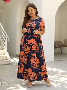 Nemidor 大码波西米亚风花卉印花隐形口袋连衣裙，适合夏季 - 橘色 - 查看 7