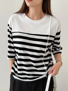 DAZY 條紋圖案落肩T恤 - 黑與白 - 查看 1