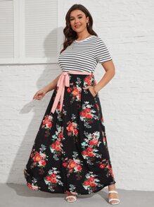 SHEIN VCAY Vestido con cinturón de rayas & con estampado floral - Multicolor - Ver 5