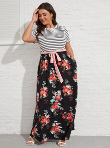 SHEIN VCAY Vestido con cinturón de rayas & con estampado floral - Multicolor - Ver 6