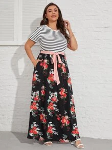 SHEIN VCAY Vestido con cinturón de rayas & con estampado floral - Multicolor - Ver 7