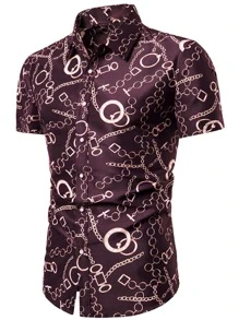 Men Chain Print Shirt - Burgundy - View 1