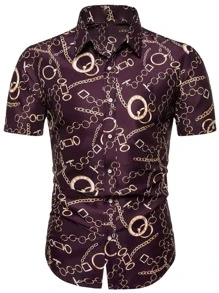 Men Chain Print Shirt - Burgundy - View 3
