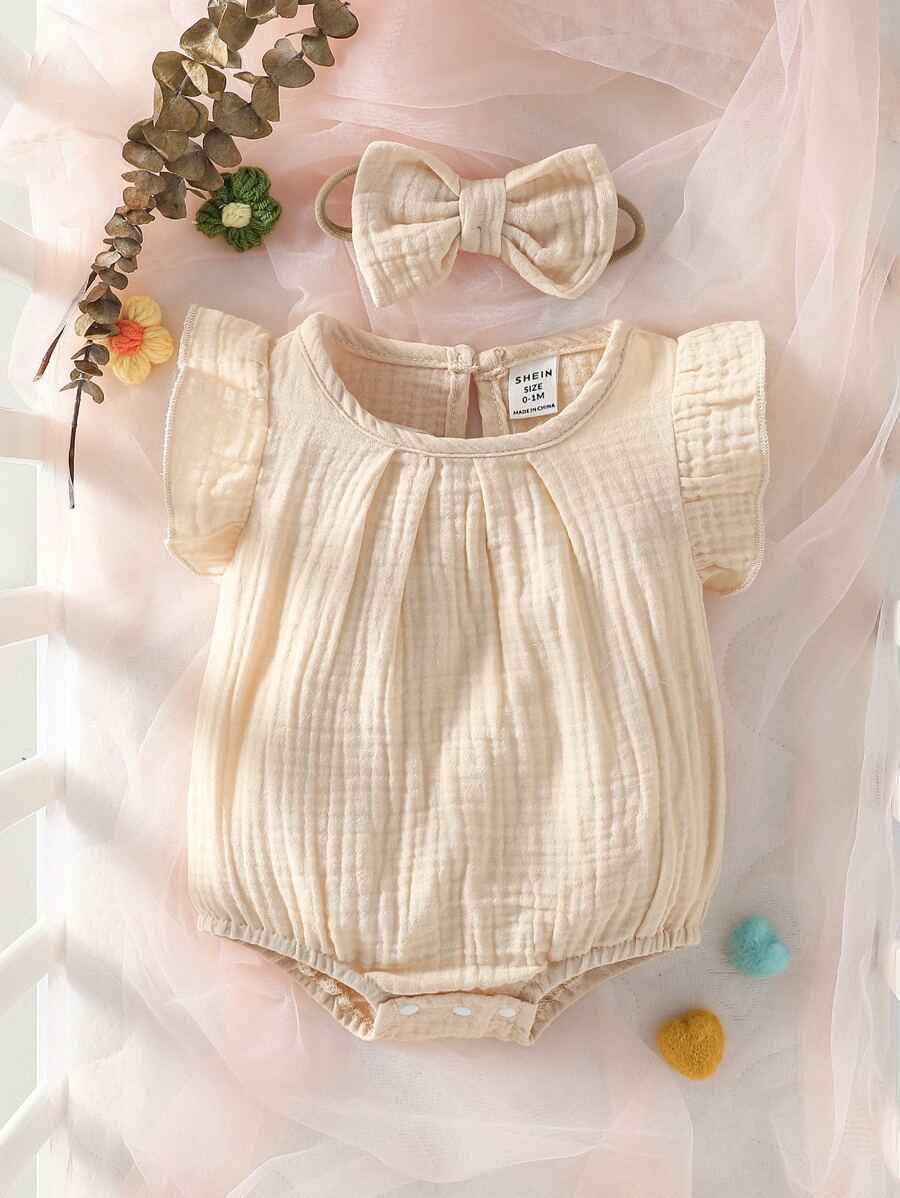 SHEIN Bodysuits Em bé Xù màu trơn - Màu be - Xem 1