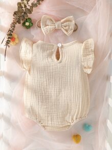 SHEIN Bodysuits Em bé Xù màu trơn - Màu be - Xem 2