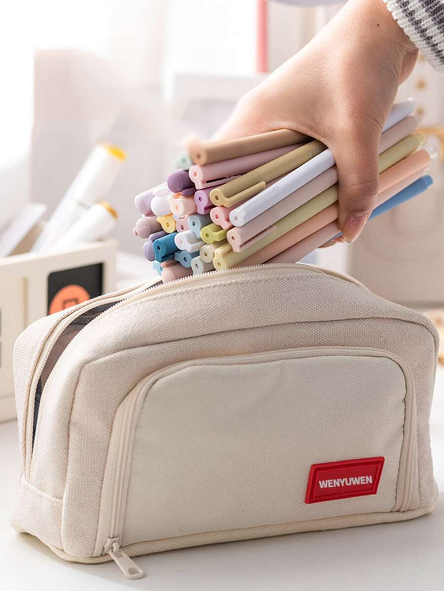 1 Miếng Dán Trang Trí Túi Đựng Văn Phòng Phẩm Đơn Giản Công Suất Lớn Trường Đại Học Túi Đựng Bút Văn Phòng - Màu Khaki - Xem 1