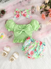 嬰兒前蝴蝶結泡泡袖上衣和印花短褲和配件髮箍