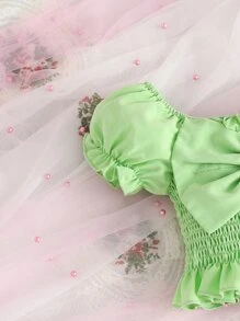 嬰兒前蝴蝶結泡泡袖上衣和印花短褲和配件髮箍