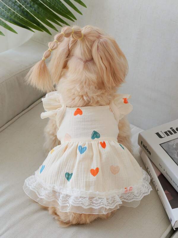 犬服 ペットドレス ハートプリント ラッフルデザイン サマー用 1枚