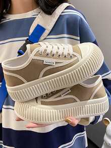 女士字母標籤細節撞色滾邊低幫繫帶運動戶外卡其色帆布鞋