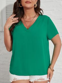SHEIN LUNE Plus Solid V Neck Blouse - Green - View 3