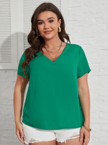 SHEIN LUNE Plus Solid V Neck Blouse - Green - View 5