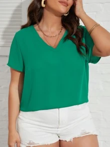 SHEIN LUNE Plus Solid V Neck Blouse - Green - View 6