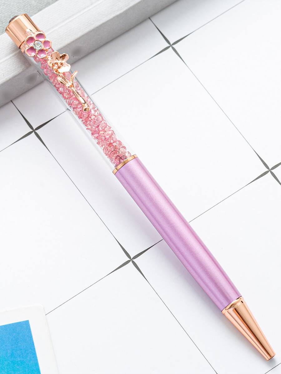 1pc Rhinestone Decor Ballpoint Pen, Simple Portable School Office Writing Pen