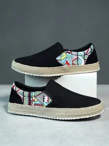 Men Geometric Pattern Espadrilles Knit Loafers Black - Black - View 2