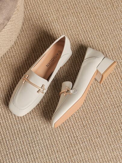 Women's Black Chunky Heel Loafers, Casual Fashion Oxfords Suitable For Spring, Autumn, Winter, Versatile Apricot Flats, Work Commute Shoes, White Square Toe Slip-On Shoes With Metal Buckle