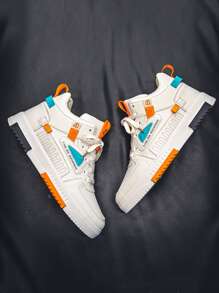 Men Letter Patch Decor Lace-Up Front High Top Skate Shoes Men Streetwear - Beige - View 1