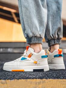 Men Letter Patch Decor Lace-Up Front High Top Skate Shoes Men Streetwear - Beige - View 3