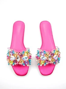 女士珠寶裝飾透明帶魅力四射果凍平底涼鞋