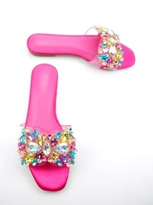 女士珠寶裝飾透明帶魅力四射果凍平底涼鞋