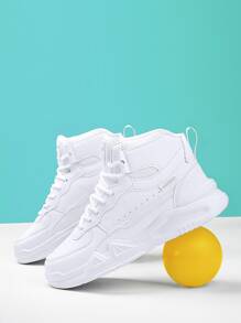 男孩前綁帶字母貼飾高幫運動白色板鞋