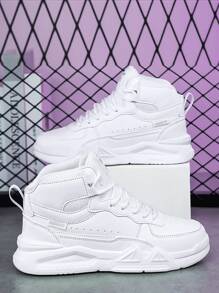 男孩前綁帶字母貼飾高幫運動白色板鞋