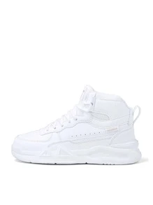 男孩前綁帶字母貼飾高幫運動白色板鞋