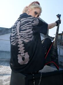 ROMWE Grunge Punk Skeleton Print Drop Shoulder Shirt - Black - View 1