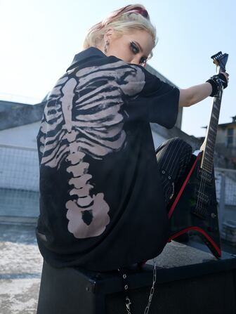 Grunge Punk Skeleton Print Drop Shoulder Shirt