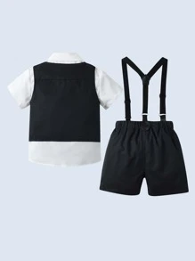 男童绅士三件套，包括领结短袖衬衫、背心和短工装裤 - 黑與白 - 查看 2